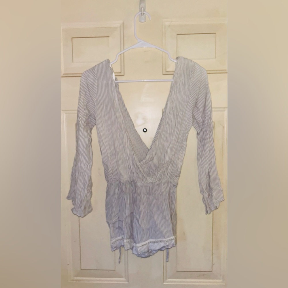 Faithfull the Brand Blue and White Wrap Blouse with Ruffled 3/4 Sleeves
